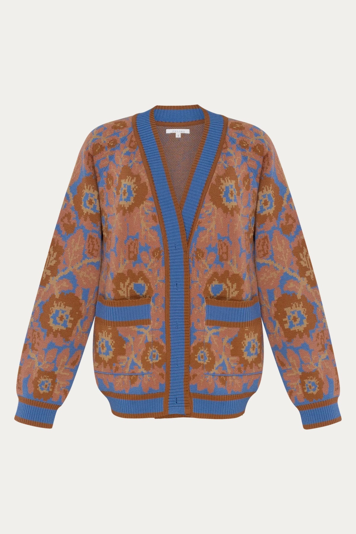Folk Floral Motif Jacquard Merino Wool Cardigan 'Mirage Bloom' by ANNABO