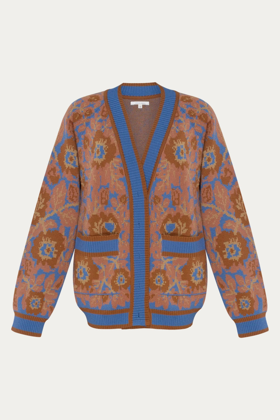 Folk Floral Motif Jacquard Merino Wool Cardigan 'Mirage Bloom' by ANNABO