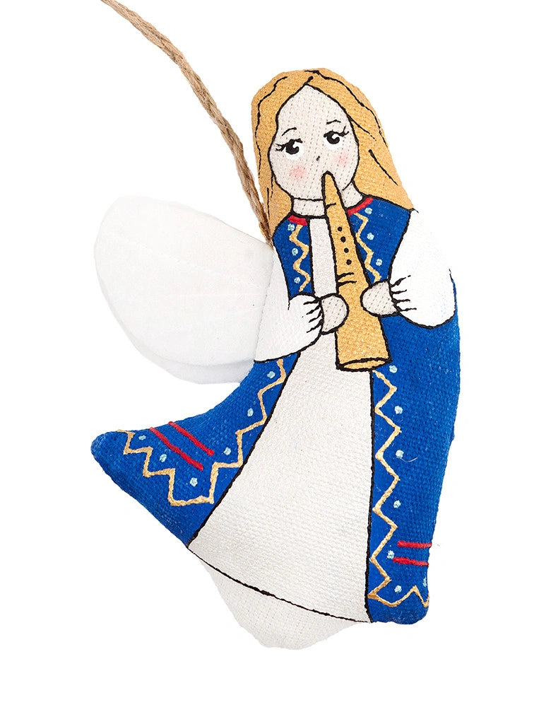 A handmade embroidered angel ornament featuring a blonde figure in a blue and white dress playing a tan flute, Blouse Roumaine Shop