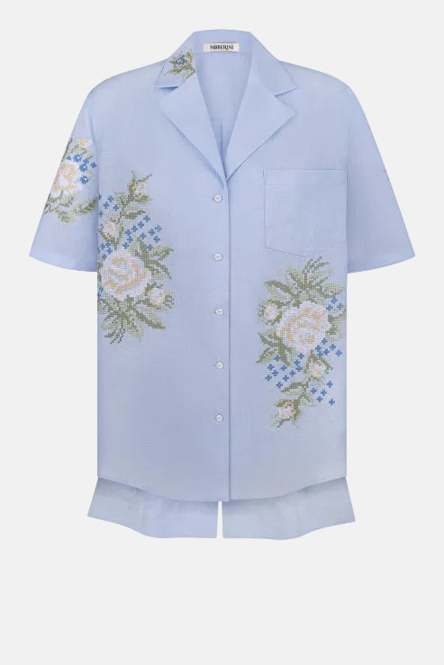 Light blue shirt with floral embroidery co-ord summer set