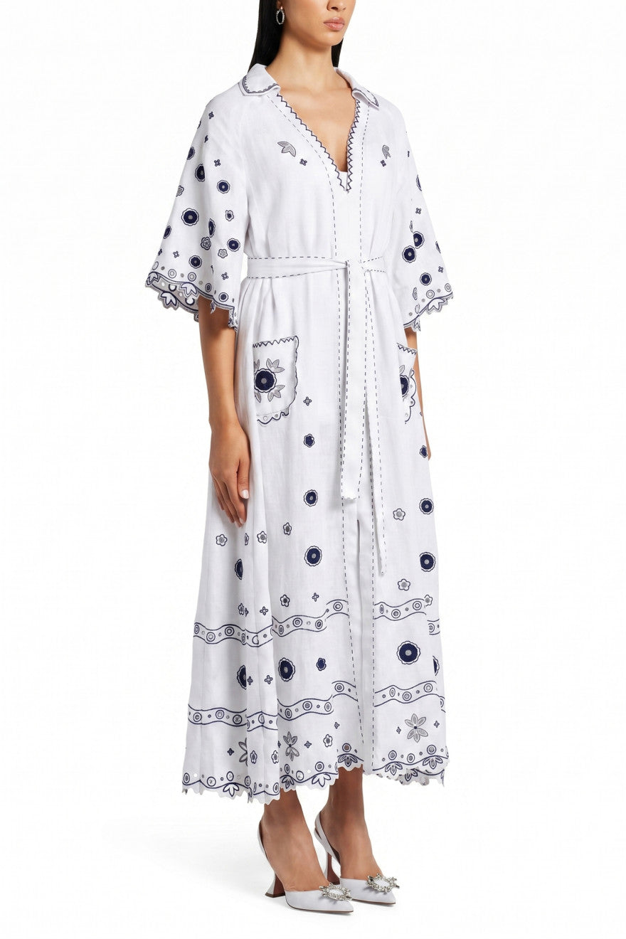 Glass House white linen maxi dress - blue Richelieu cutwork hem detail