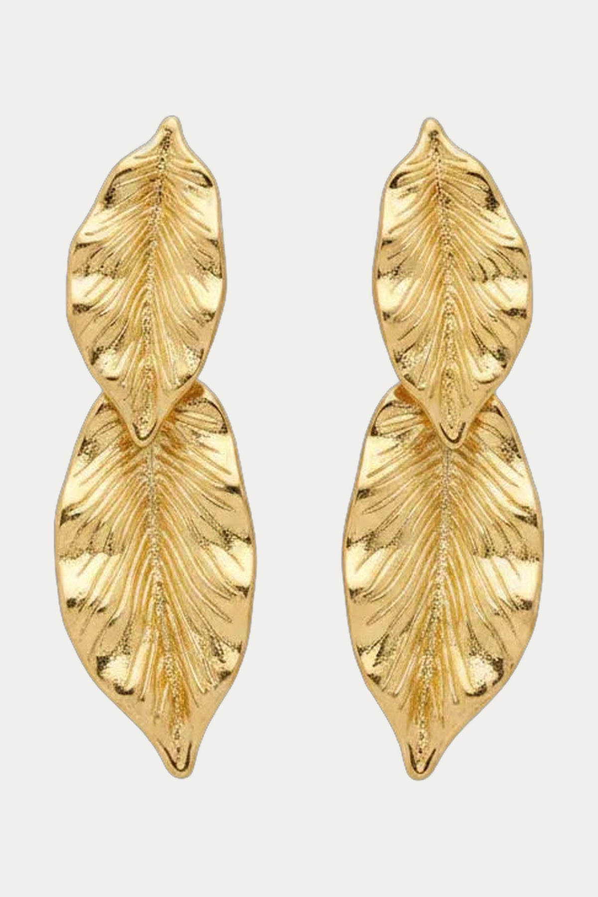 Gold leaf-shaped earrings by Katerini Mou