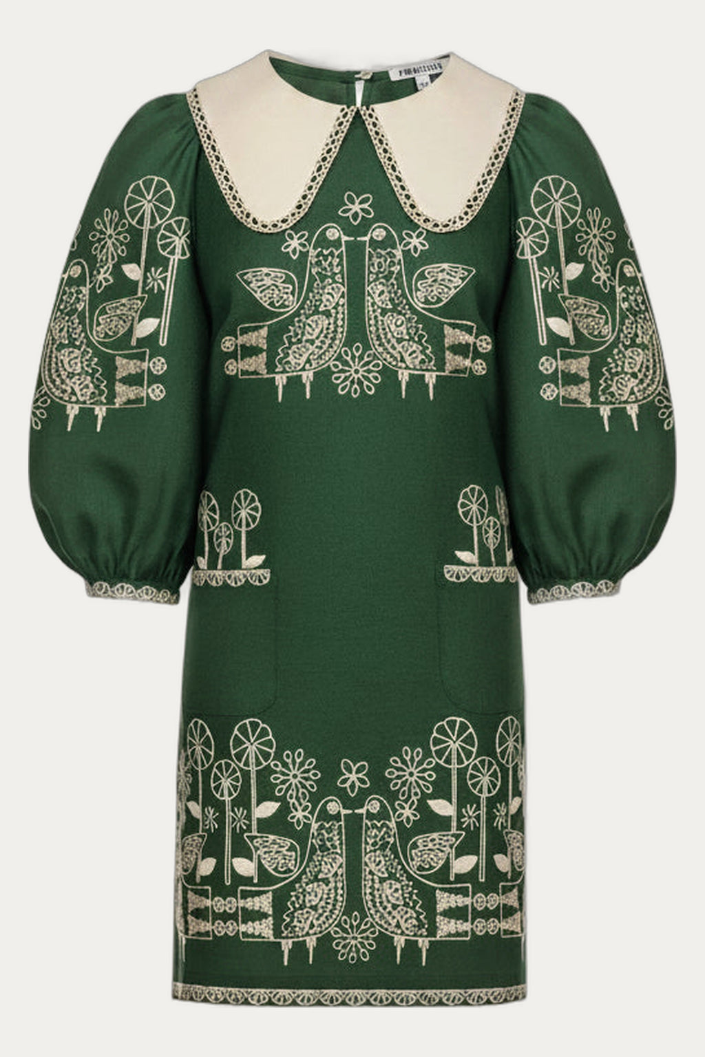 Green Linen Mini Dress with Embroidery and Collar Zozulya by Foberini
