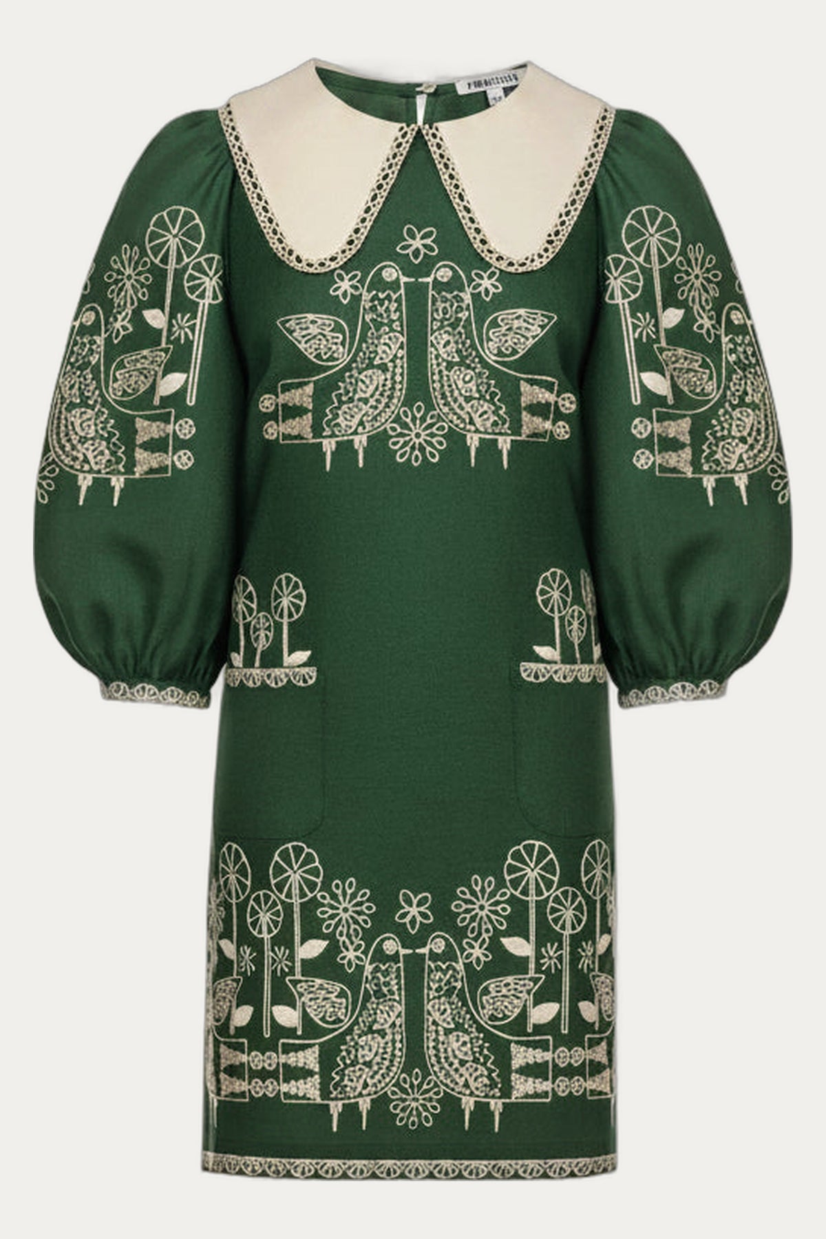 Green Linen Mini Dress with Embroidery and Collar Zozulya by Foberini