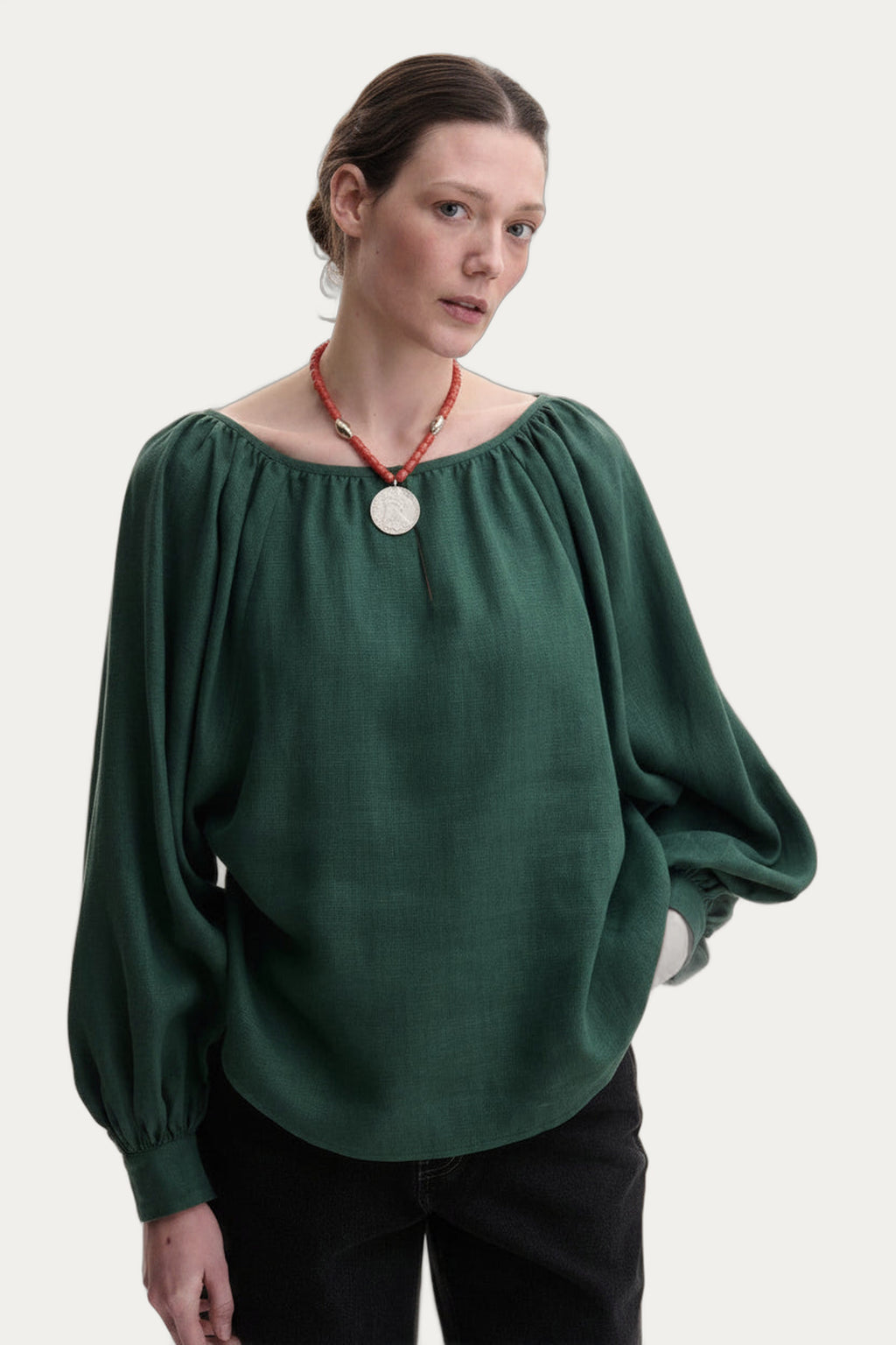 Green Pure Linen Puffed Sleeves Peasant Blouse — Bohemian Cut by Koza Dereza