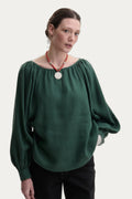 Green Pure Linen Puffed Sleeves Peasant Blouse — Bohemian Cut by Koza Dereza
