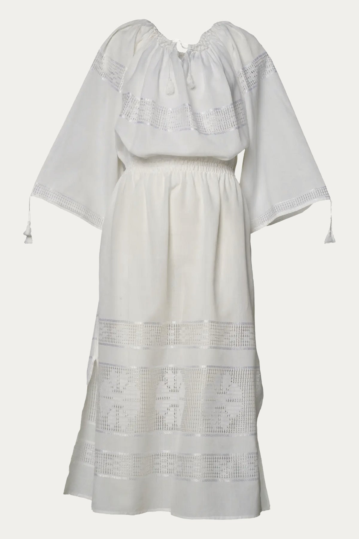 Hand-Loomed Romanian Heritage Midi Dress in White— One of a Kind by Romanian Handloom Craftsmanship