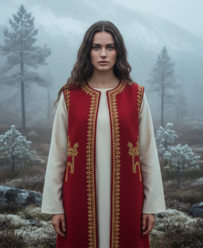 Handcrafted Artisan Wool Cashmere Vest in Red no 5 by Ciuncanu Gheorghe styled on model, Blouse Roumaine Shop