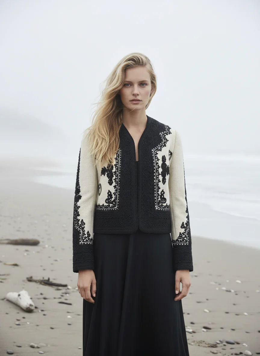 Handcrafted Martha Bibescu Wool Cashmere Jacket by Ciuncanu Gheorghe styled on model, Blouse Roumaine Shop