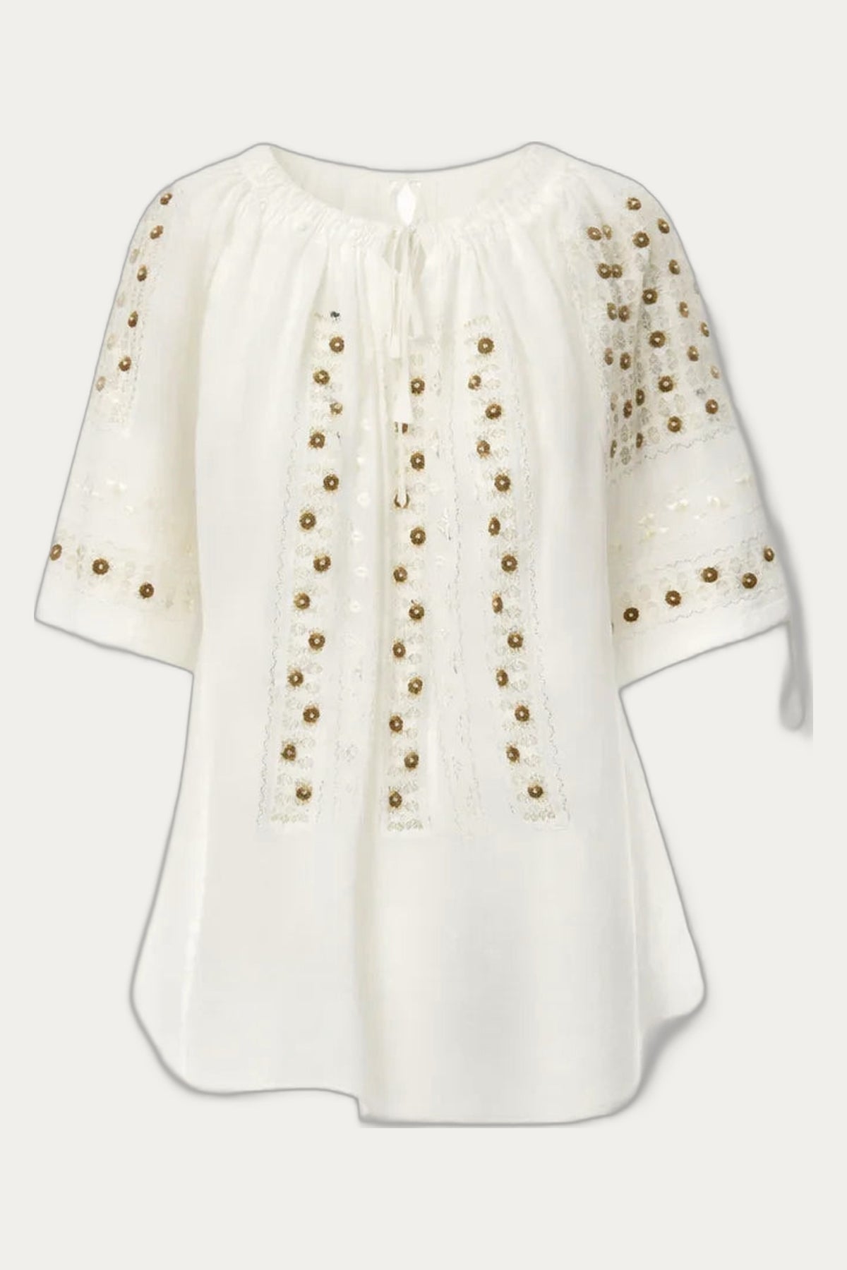 Handmade embroidered Romanian blouse with floral embellishments by Blouse Roumaine