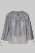 A traditional Romanian blouse featuring a honeycomb-pleated collar and traditional geometric embroidery in gray and blue colors.