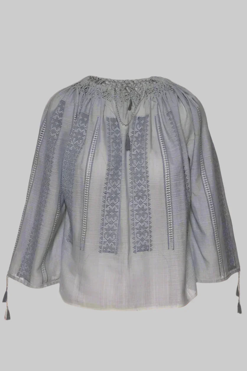 A traditional Romanian blouse featuring a honeycomb-pleated collar and traditional geometric embroidery in gray and blue colors.