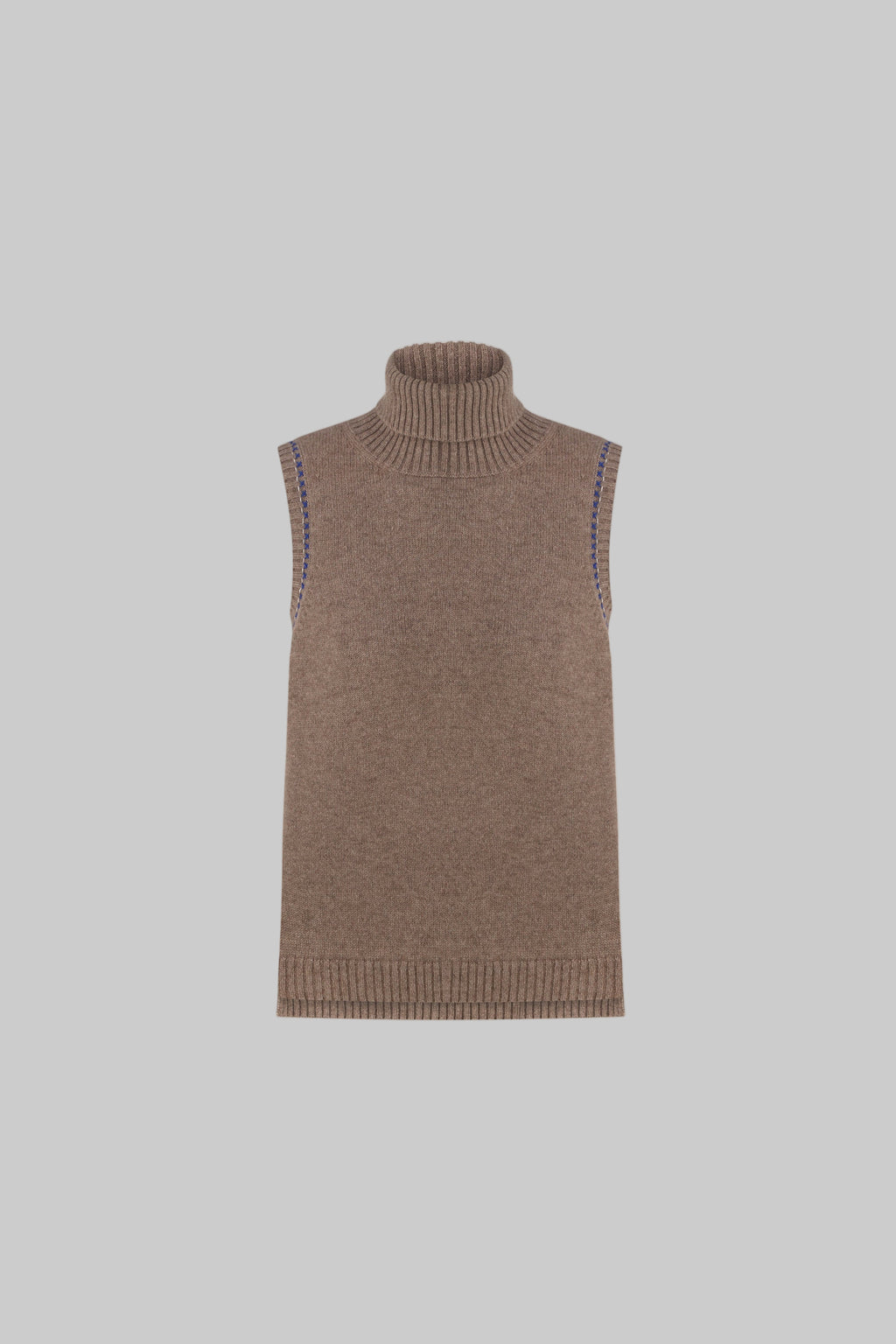 Brown sleeveless turtleneck sweater on a white background