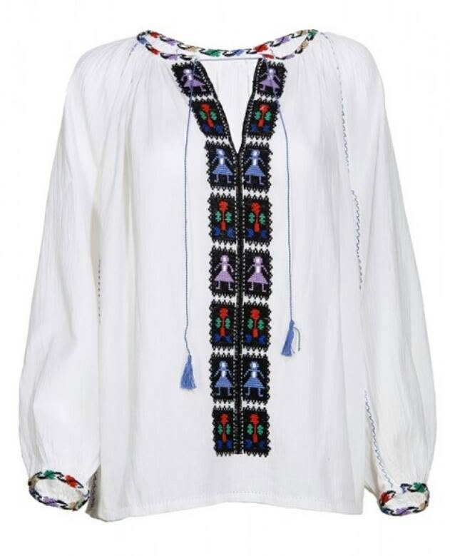 Hand-embroidered Romanian blouse (ie) with Padureni Dolls motif on panza topita