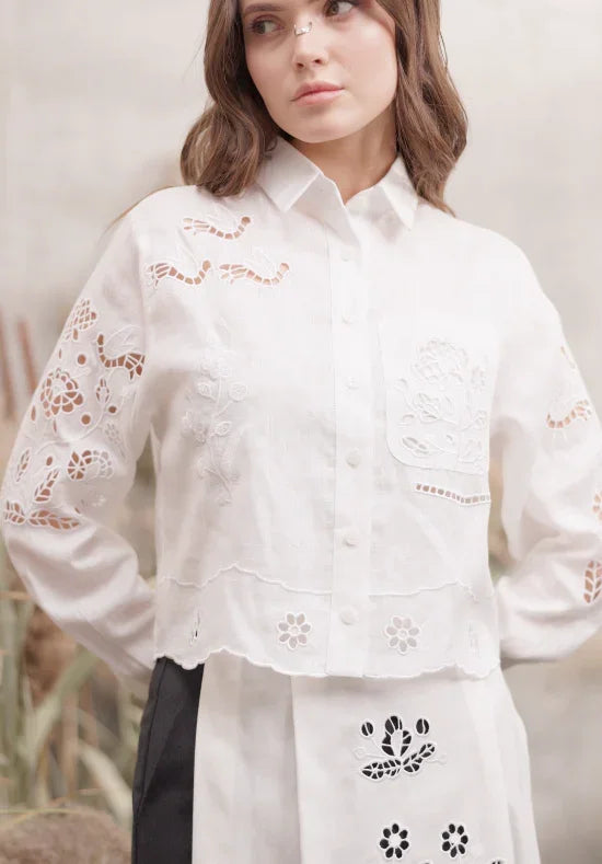 Tree of Life cropped white linen blouse - styled look