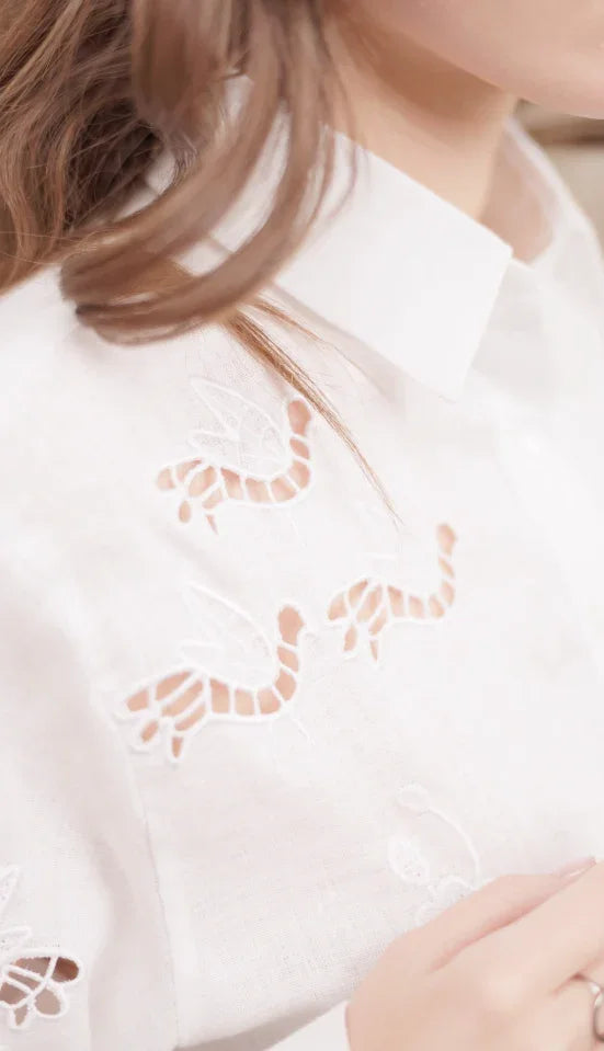 Tree of Life cropped white linen blouse - back view