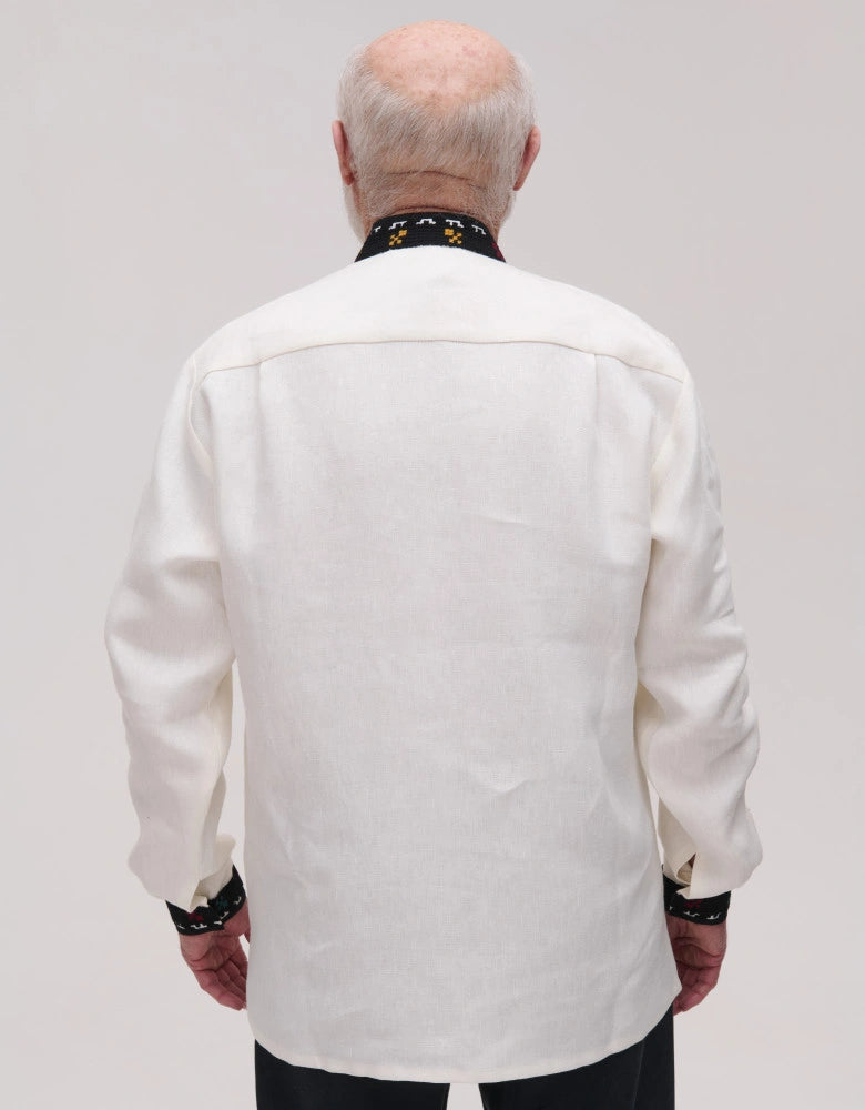 Men's linen vyshyvanka shirt, front placket with button closure detail