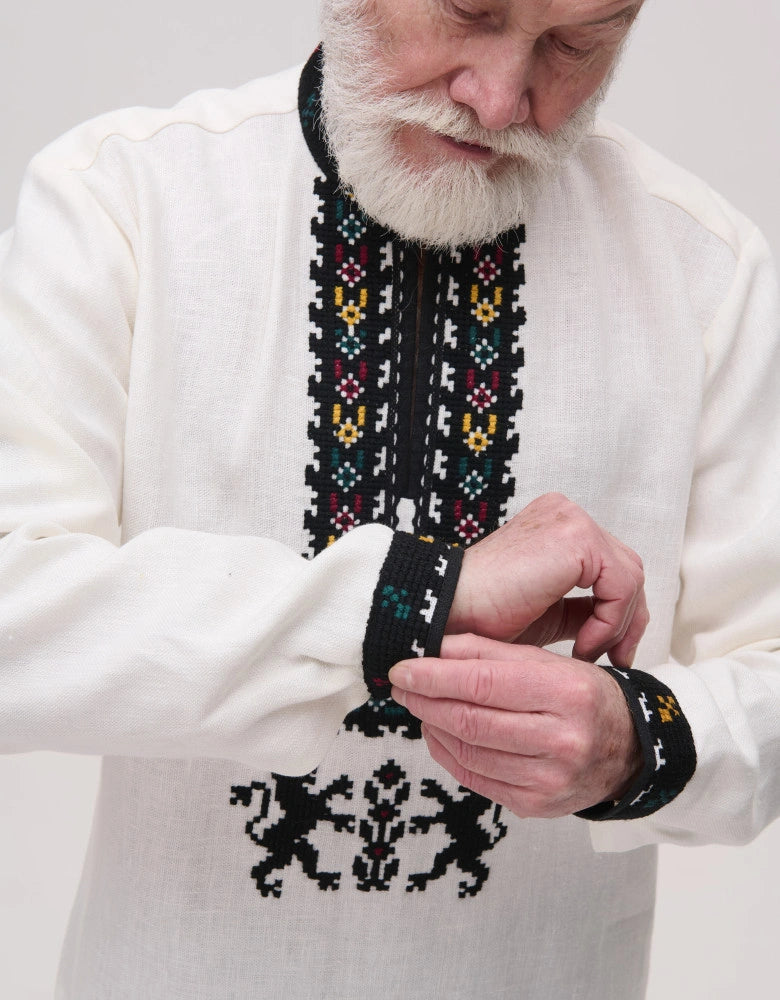 Handwoven-style linen fabric detail, men's Koza Dereza vyshyvanka shirt