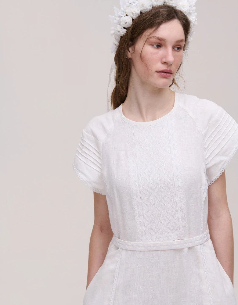 Kniahynia white linen midi dress with white-on-white Podillia embroidery