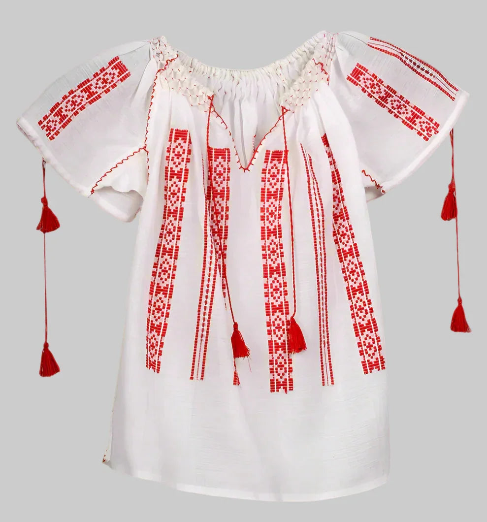 Bluză românească țesută manual pentru fetiță, albă cu broderie roșie