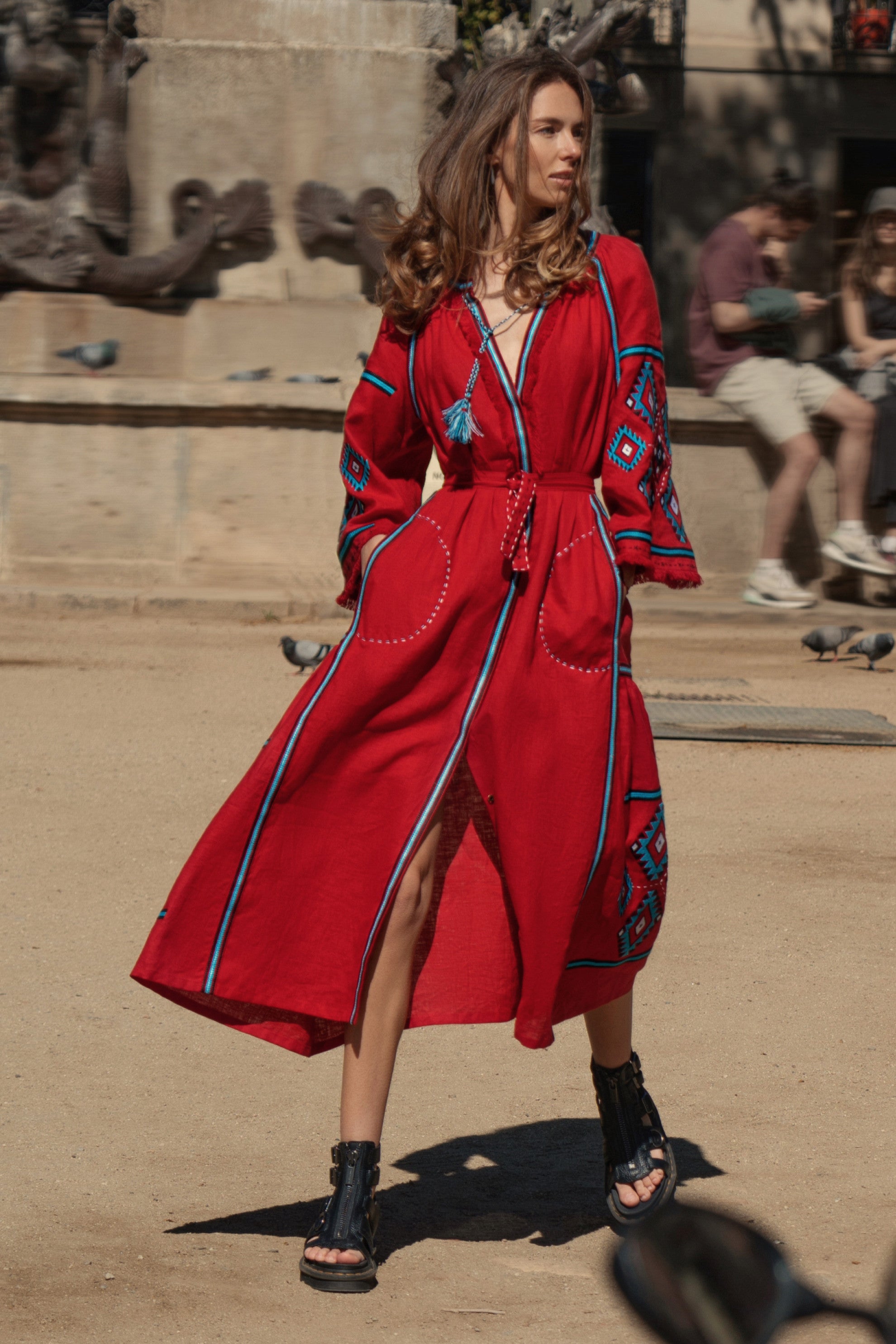 Red linen midi bohemian geometric embroidery dress Kylymy