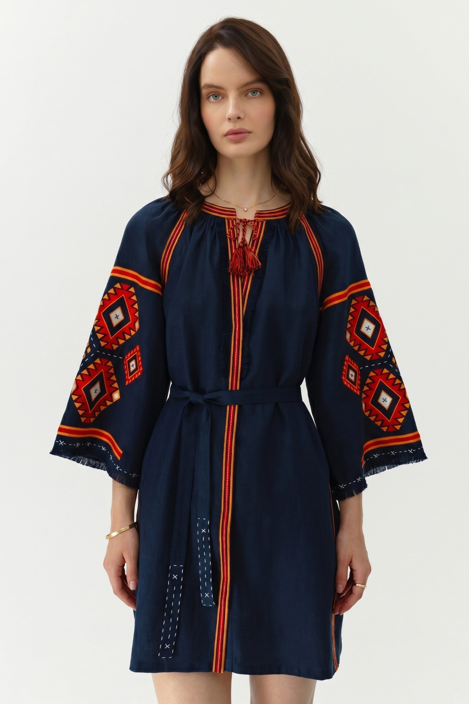Navy linen dress with folk geometry embroidery patterns Kilmy My sleeping Gypsy