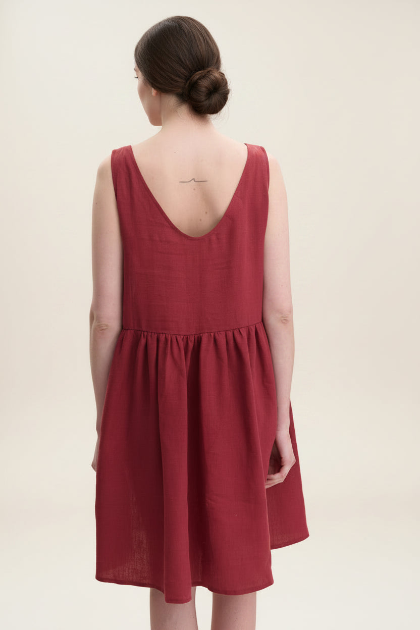 Berehynia linen dress - burgundy wool embroidery detail