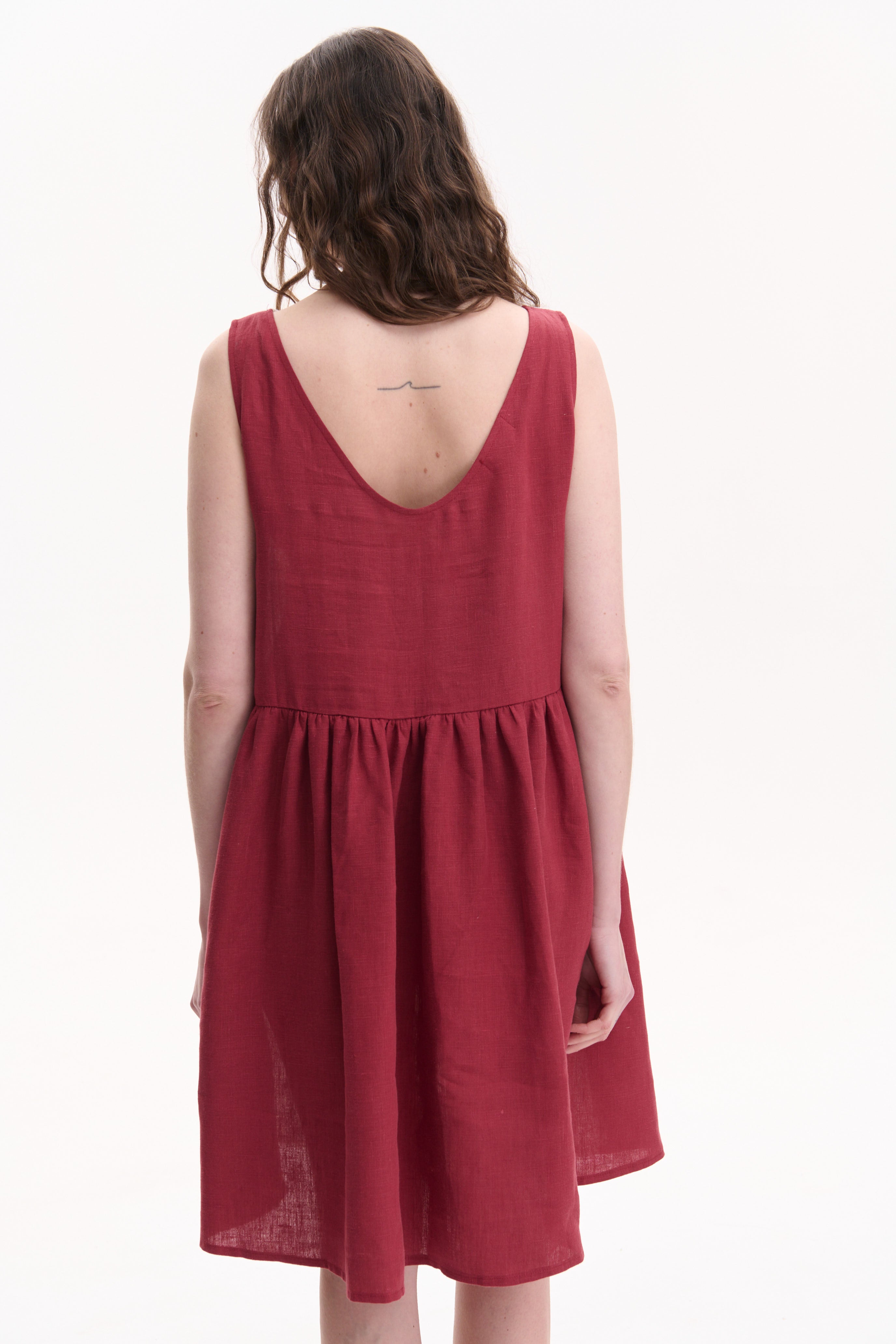 Linen Dress with Hand Embroidery – Berehynia, Burgundy