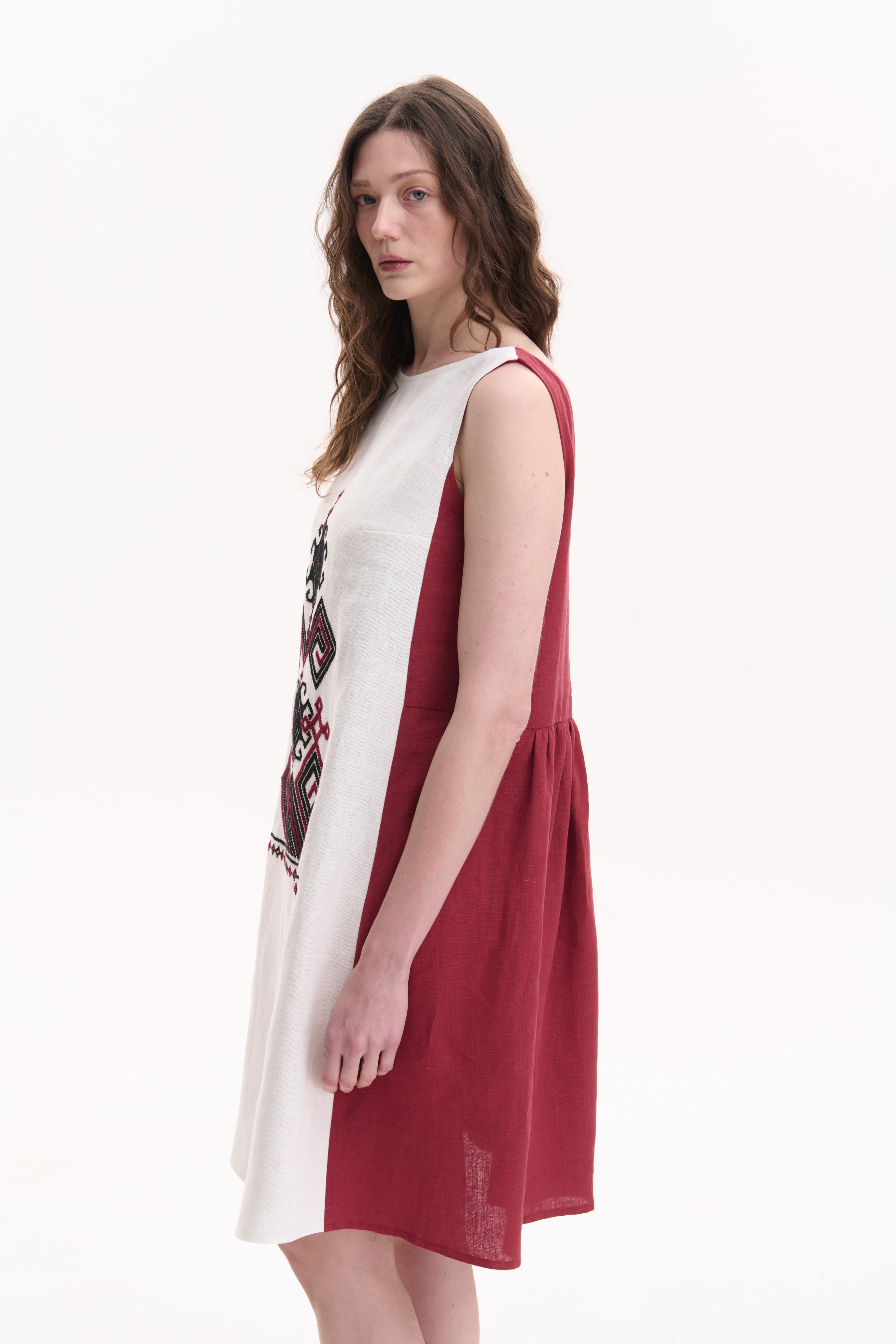 Linen Dress with Hand Embroidery – Berehynia, Burgundy