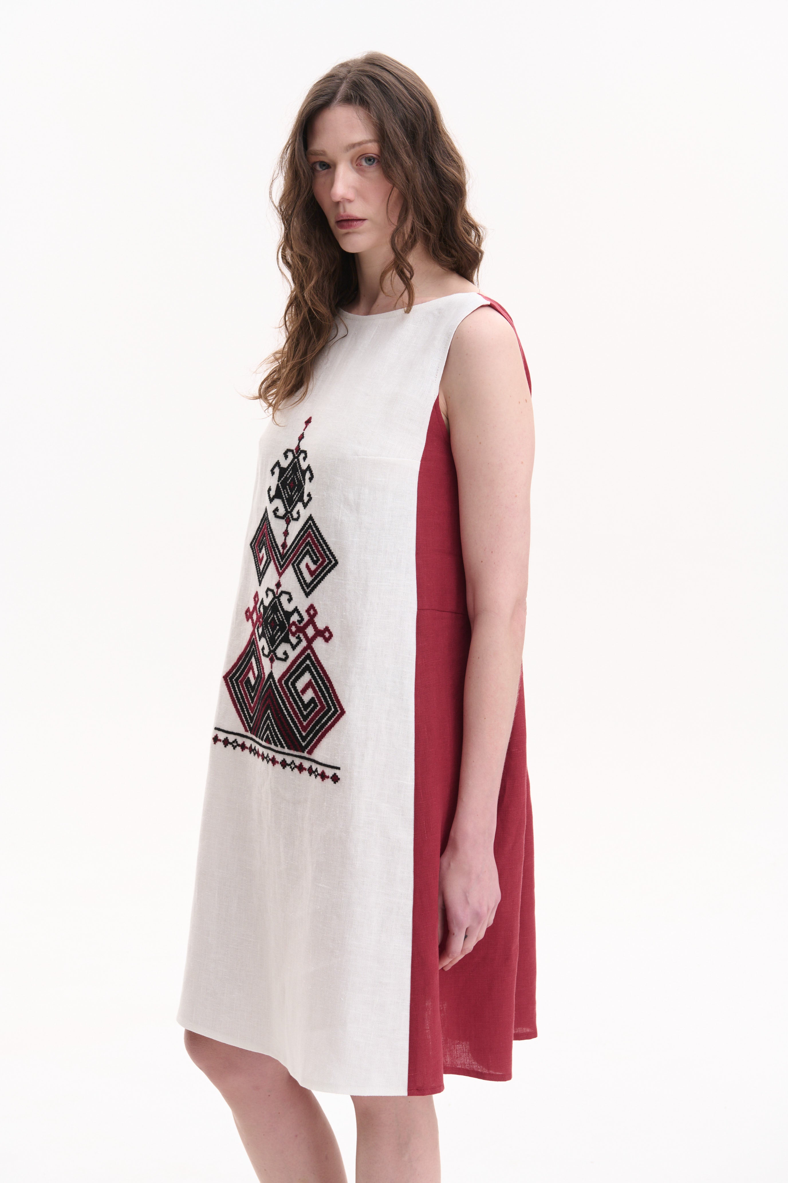 Linen Dress with Hand Embroidery – Berehynia, Burgundy