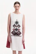 Berehynia hand-embroidered linen dress in white and burgundy, Koza Dereza