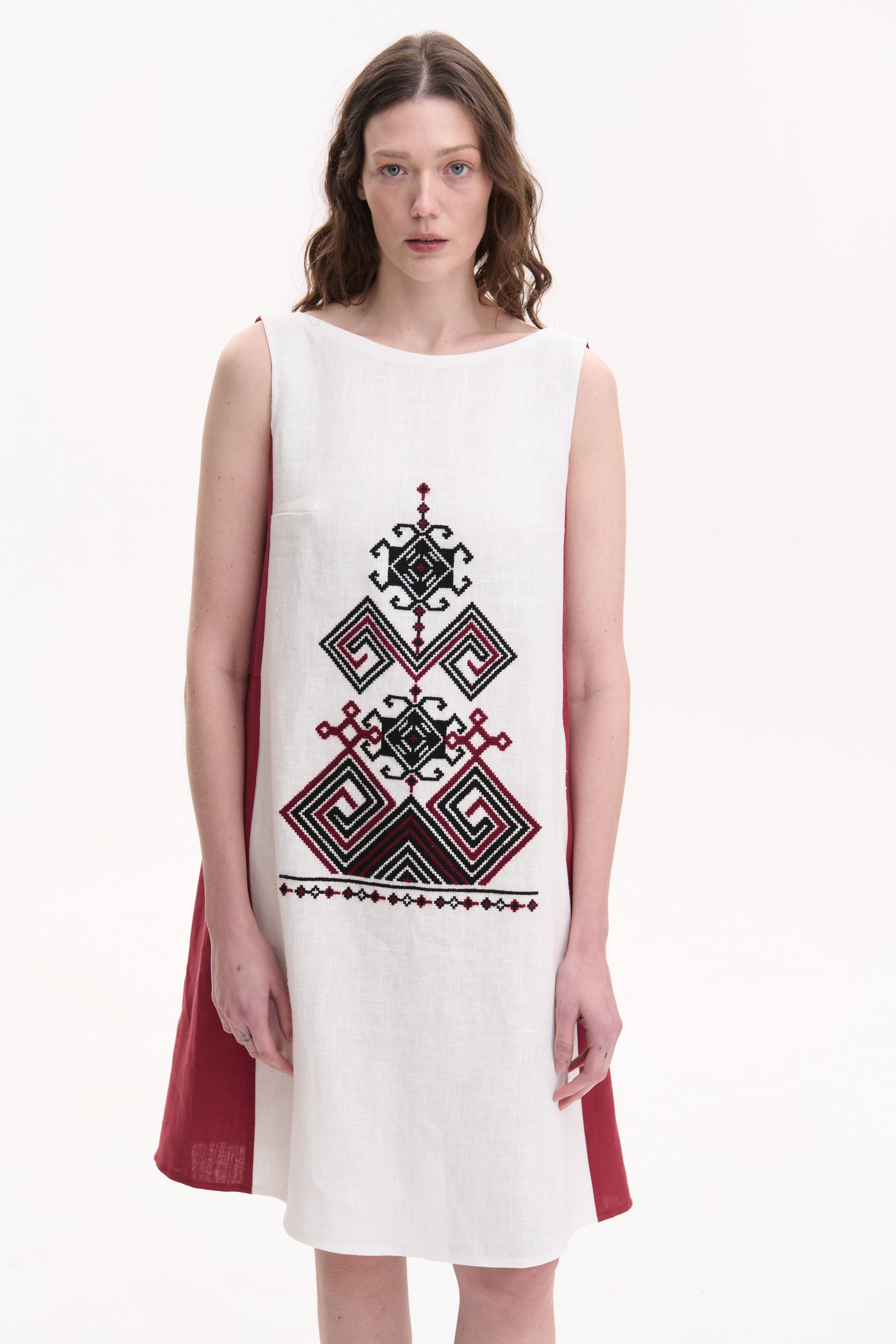 Linen Dress with Hand Embroidery – Berehynia, Burgundy