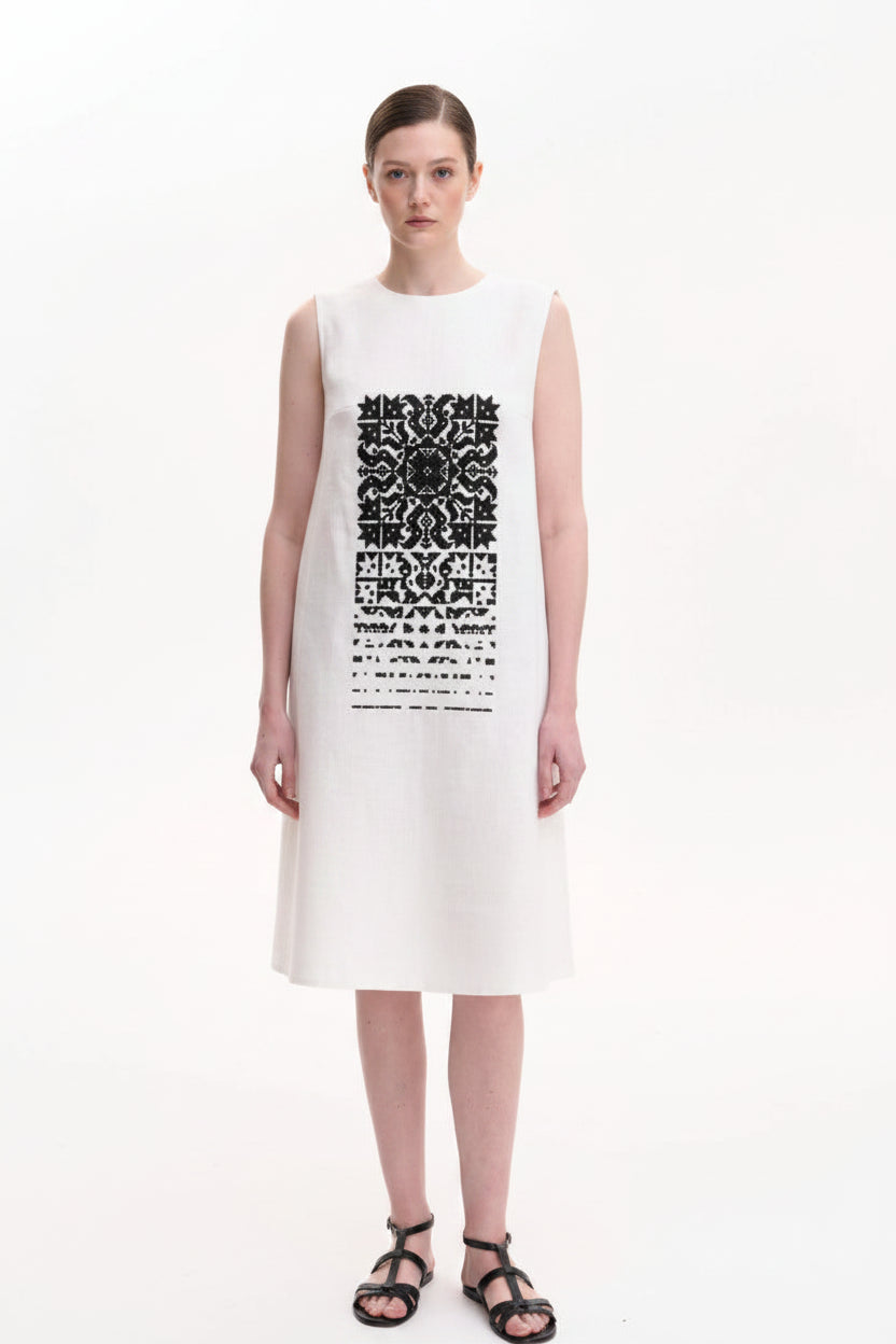 White Linen Ukrainian Embroidery Dress