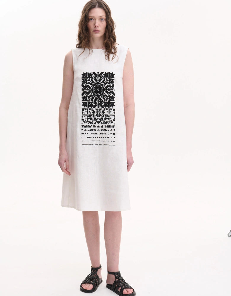 White Linen Ukrainian Embroidery Dress