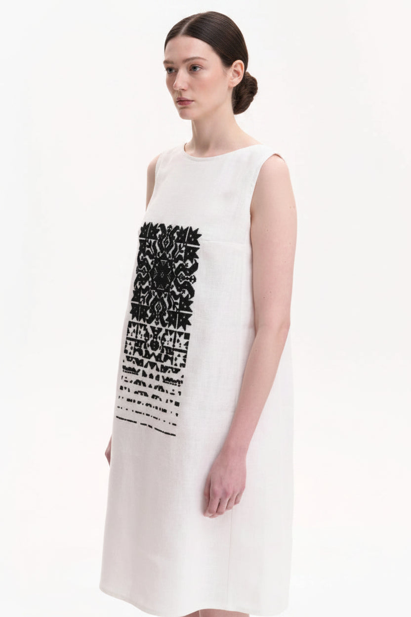 White Linen Embroidered Dress Ukranian Embroidery