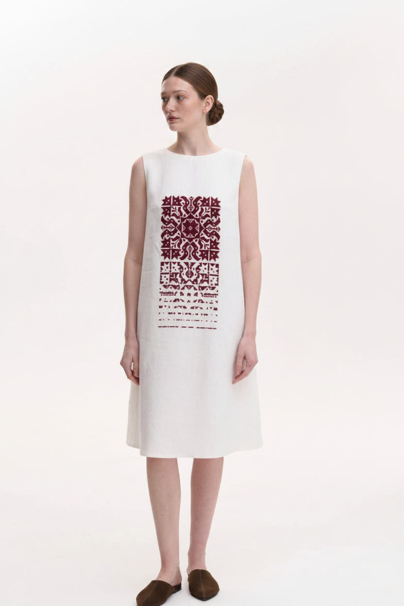 Sleeveless linen dress with hand-embroidered falling star motif, Koza Dereza