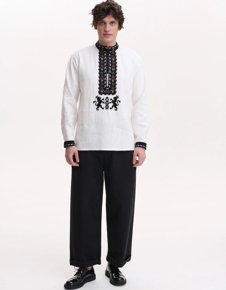 Koza Dereza men's linen vyshyvanka shirt with hand wool embroidery, lion motif