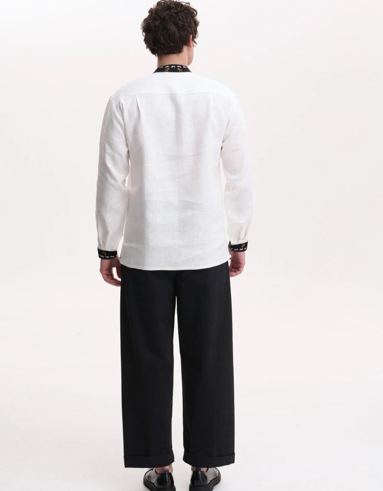 Men's linen vyshyvanka shirt, embroidered cuff detail