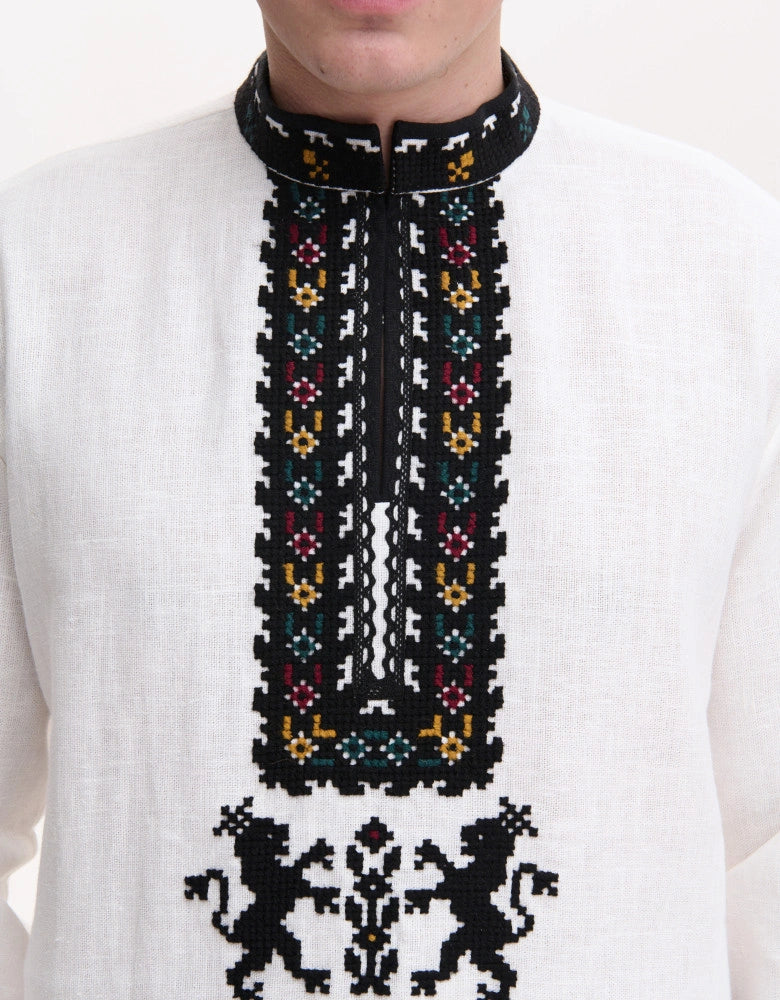 Men's vyshyvanka shirt, Carpathian lion motif in wool thread - embroidery detail