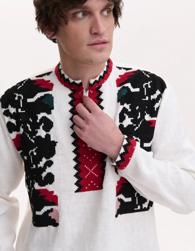 Men's embroidered shirt, stand-up collar embroidery detail