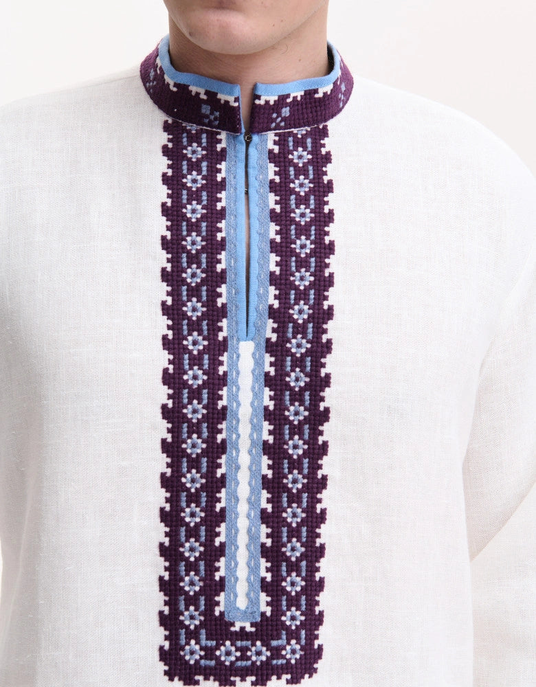 Men's linen vyshyvanka, hand-embroidered cuff detail