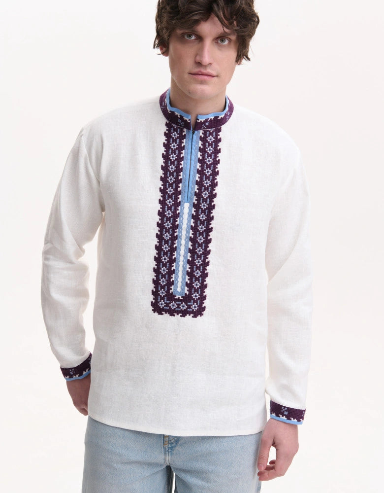 Men's linen shirt, embroidered stand-up collar and front panel detail