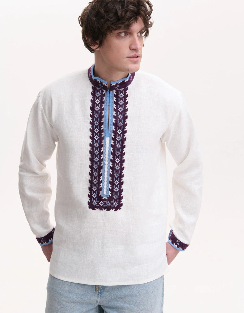 Koza Dereza men's linen vyshyvanka with Free Steppes hand wool embroidery