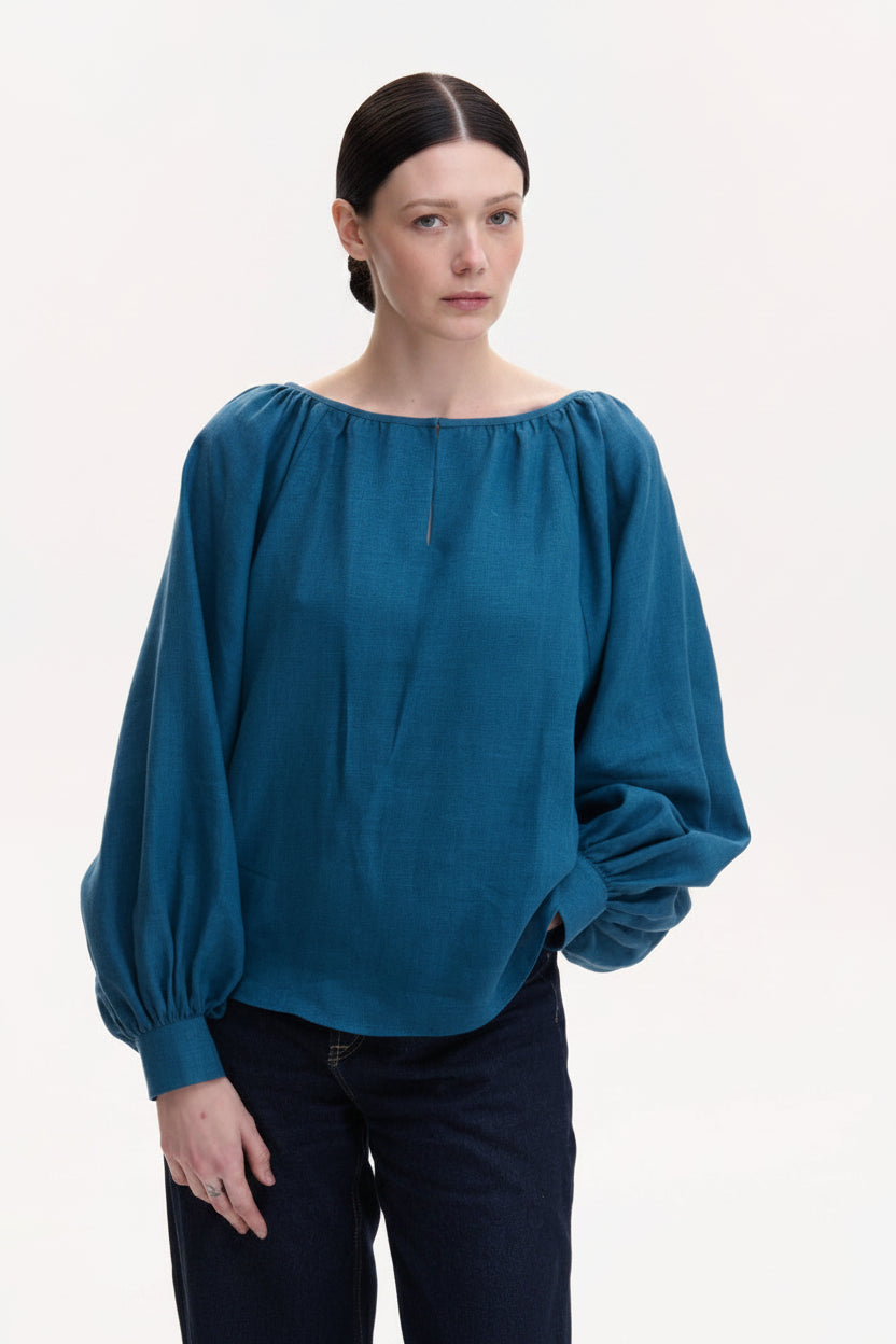 Blue linen peasant blouse bohemian Ukrainian handmade