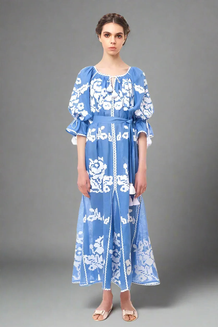 Rochie maxi de vara din in natural brodata manual Ocean Foberini