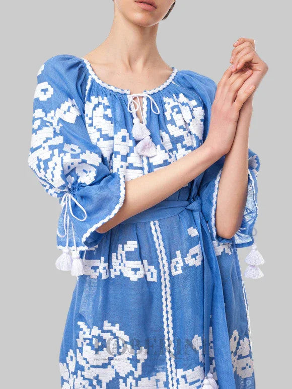 Rochie maxi de vara din in natural brodata manual Ocean Foberini