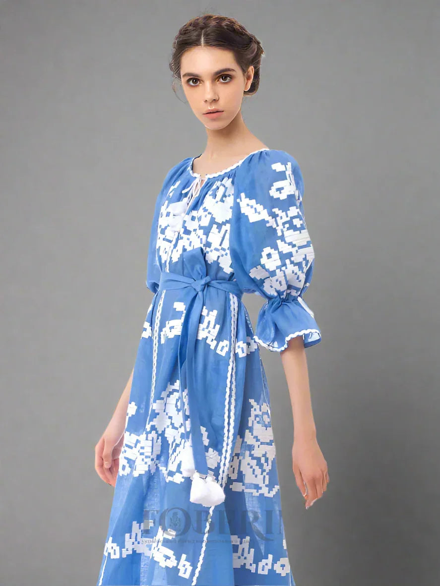 Rochie maxi de vara din in natural brodata manual Ocean Foberini