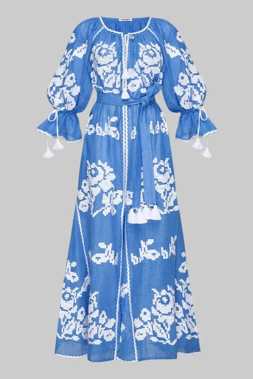 Rochie maxi de vara din in natural brodata manual Ocean Foberini