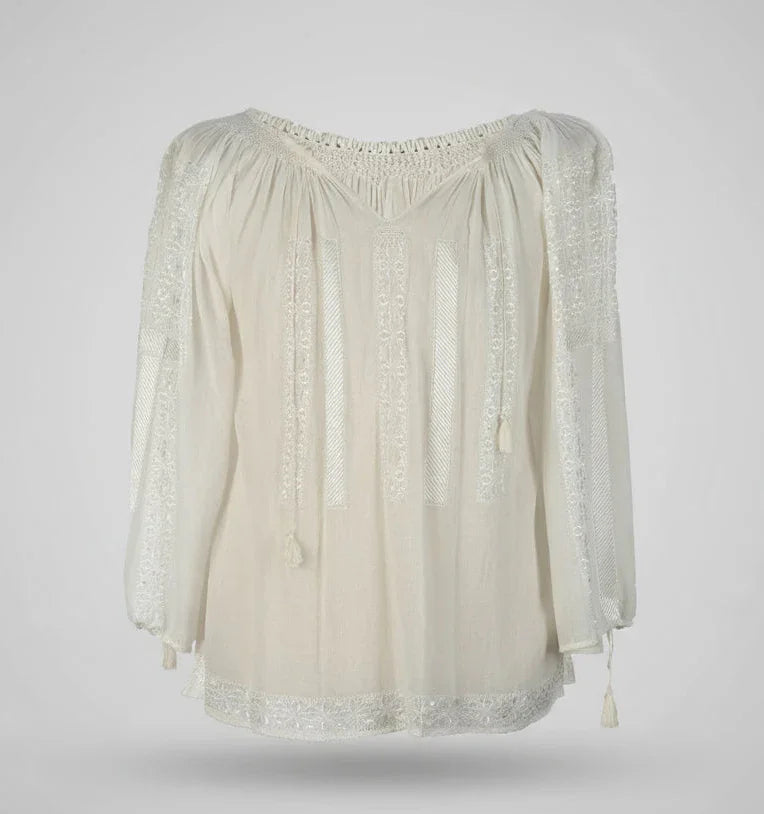 Ie Tradițională Mânecă Lungă cu Broderie Geometrică din Mătase Ivoire Lucrată Manual