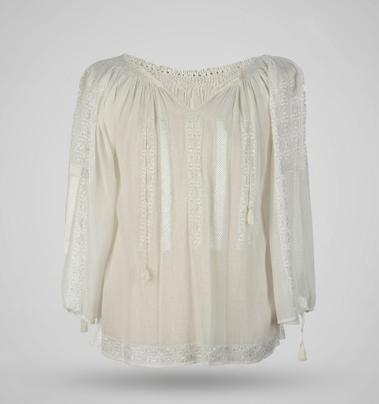 Ie Tradițională Mânecă Lungă cu Broderie Geometrică din Mătase Ivoire Lucrată Manual